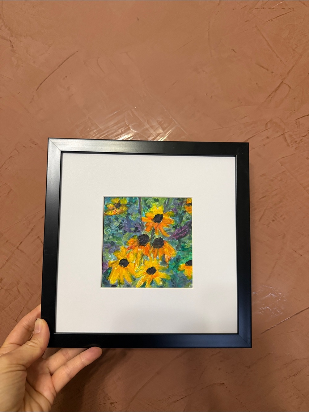 Coneflower Garden Minimalist Painting- Black Frame, 4”x 4” in 8” square frame